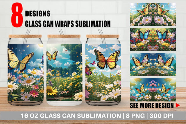 Glass Can Wrap Butterfly and Wildflowers Sublimation artnoy 