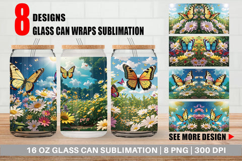 Glass Can Wrap Butterfly and Wildflowers Sublimation artnoy 