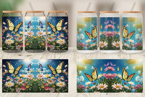 Glass Can Wrap Butterfly and Wildflowers Sublimation artnoy 