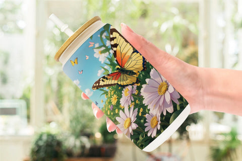 Glass Can Wrap Butterfly and Wildflowers Sublimation artnoy 