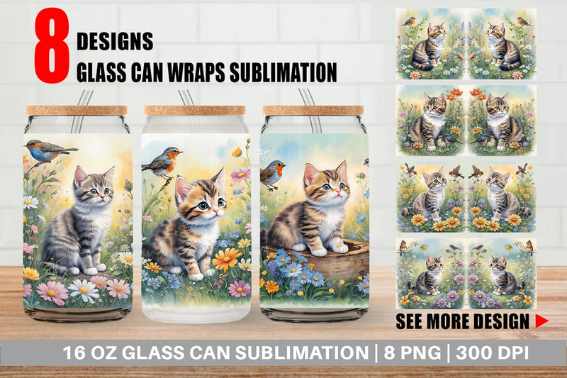 Glass Can Wrap Cat and Flowers Sublimation artnoy 