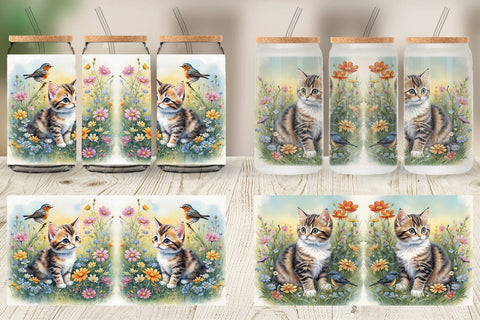 Glass Can Wrap Cat and Flowers Sublimation artnoy 