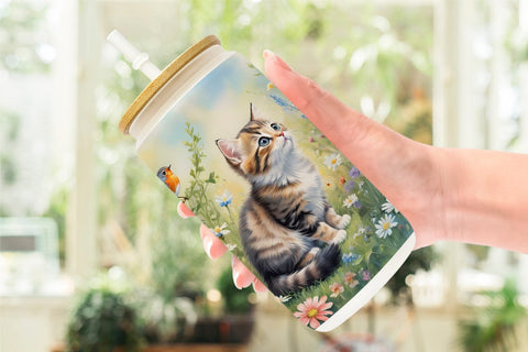 Glass Can Wrap Cat and Flowers Sublimation artnoy 