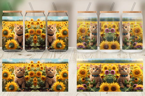 Glass Can Wrap Cat and Sunflowers Sublimation artnoy 