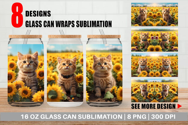 Glass Can Wrap Cat and Sunflowers Sublimation artnoy 