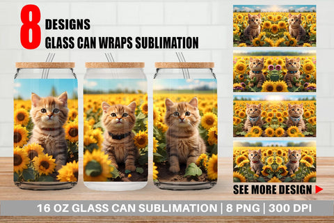 Glass Can Wrap Cat and Sunflowers Sublimation artnoy 