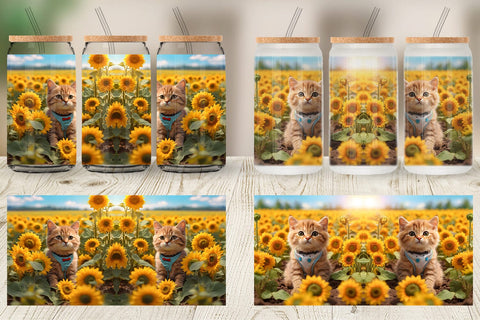 Glass Can Wrap Cat and Sunflowers Sublimation artnoy 
