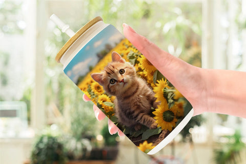 Glass Can Wrap Cat and Sunflowers Sublimation artnoy 