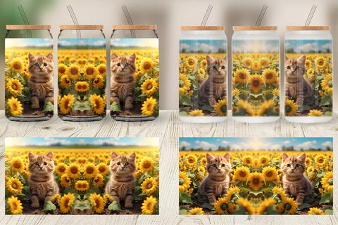Glass Can Wrap Cat and Sunflowers Sublimation artnoy 