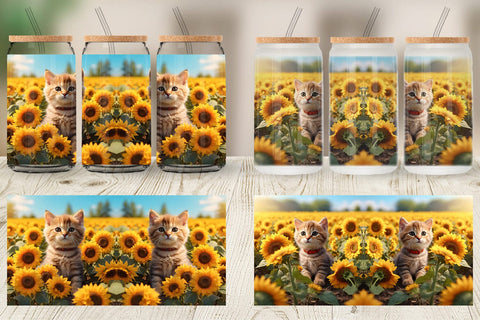 Glass Can Wrap Cat and Sunflowers Sublimation artnoy 