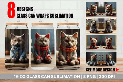 Glass Can Wrap Cat Embroidery Sublimation artnoy 