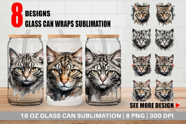 Glass Can Wrap Cat Watercolor Ink Sublimation artnoy 