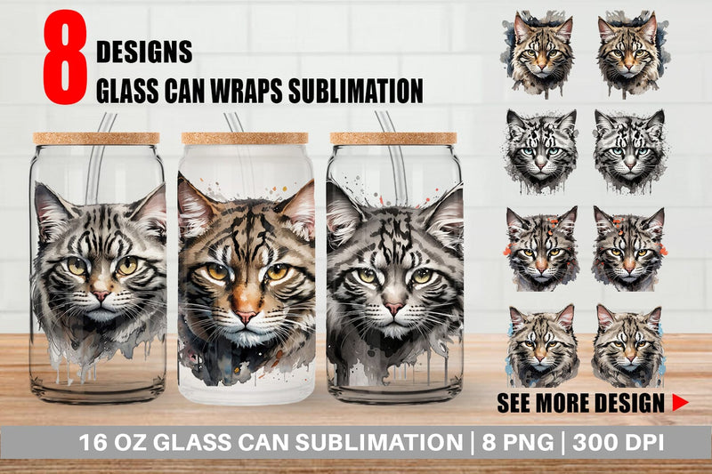 Glass Can Wrap Cat Watercolor Ink Sublimation artnoy 