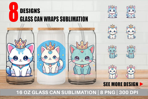 Glass Can Wrap Cat Wearing Crown Sublimation artnoy 