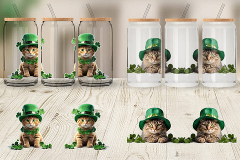 Glass Can Wrap Cat With Hat Patrick's Day Sublimation artnoy 