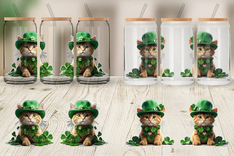 Glass Can Wrap Cat With Hat Patrick's Day Sublimation artnoy 