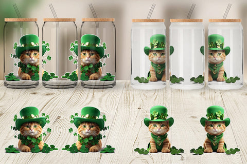 Glass Can Wrap Cat With Hat Patrick's Day Sublimation artnoy 