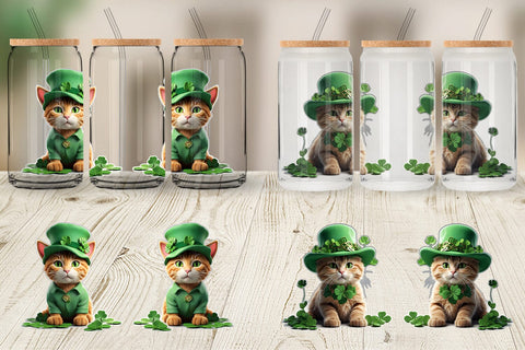 Glass Can Wrap Cat With Hat Patrick's Day Sublimation artnoy 