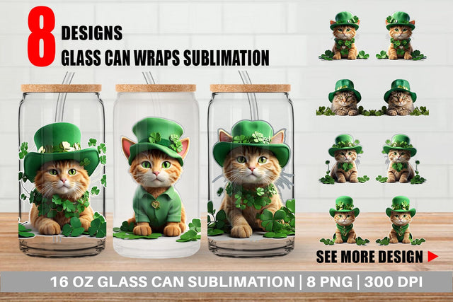 Glass Can Wrap Cat With Hat Patrick's Day Sublimation artnoy 