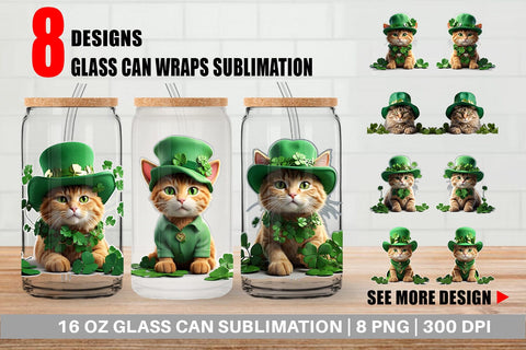 Glass Can Wrap Cat With Hat Patrick's Day Sublimation artnoy 
