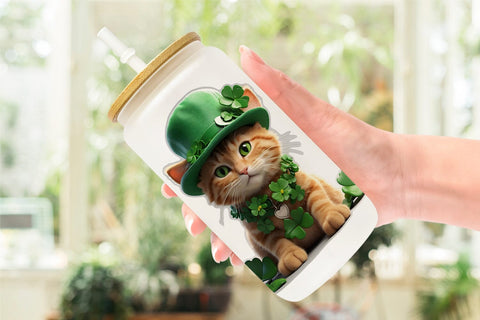 Glass Can Wrap Cat With Hat Patrick's Day Sublimation artnoy 