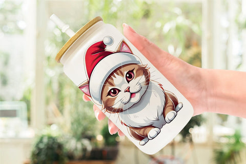 Glass Can Wrap Cat with Santa Hat Sublimation artnoy 