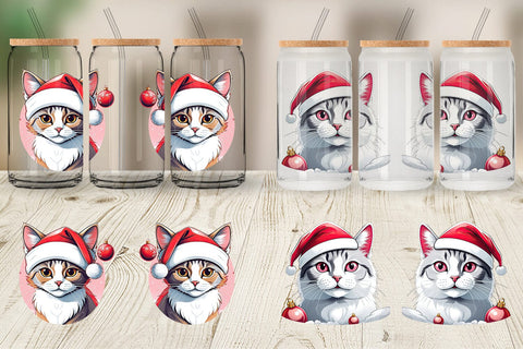 Glass Can Wrap Cat with Santa Hat Sublimation artnoy 