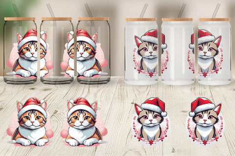 Glass Can Wrap Cat with Santa Hat Sublimation artnoy 