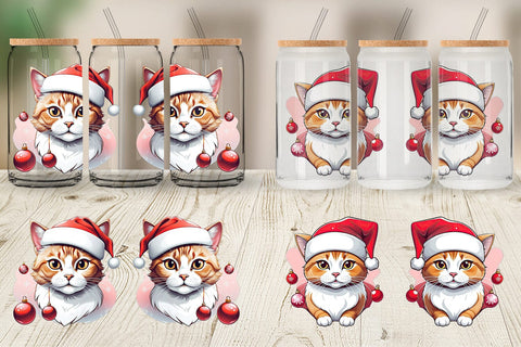 Glass Can Wrap Cat with Santa Hat Sublimation artnoy 