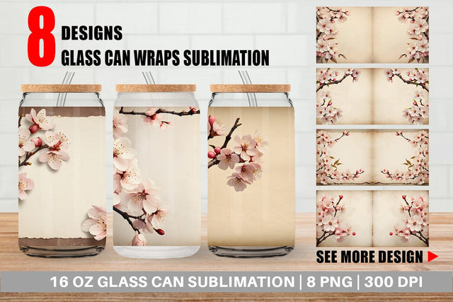 Glass Can Wrap Cherry Blossom Old Paper Sublimation artnoy 