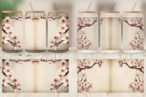 Glass Can Wrap Cherry Blossom Old Paper Sublimation artnoy 
