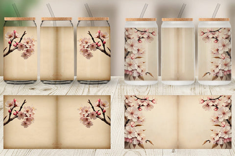Glass Can Wrap Cherry Blossom Old Paper Sublimation artnoy 