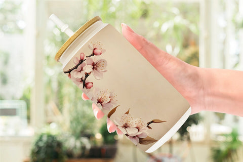 Glass Can Wrap Cherry Blossom Old Paper Sublimation artnoy 