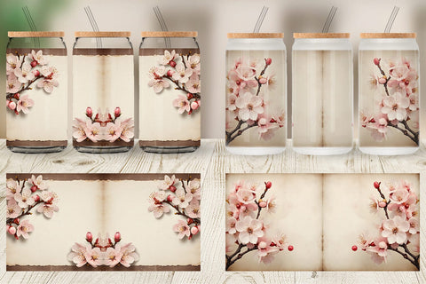 Glass Can Wrap Cherry Blossom Old Paper Sublimation artnoy 