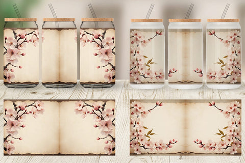 Glass Can Wrap Cherry Blossom Old Paper Sublimation artnoy 
