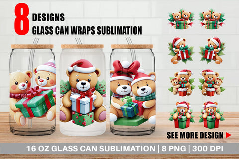Glass Can Wrap Christmas Teddy Bears Sublimation artnoy 