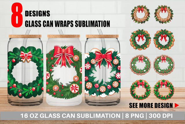 Glass Can Wrap Christmas Wreath Sublimation artnoy 