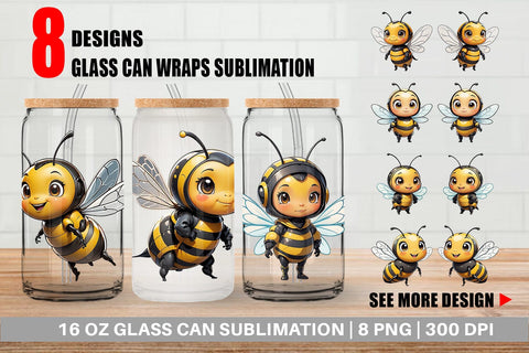 Glass Can Wrap Cute Bee Sublimation artnoy 