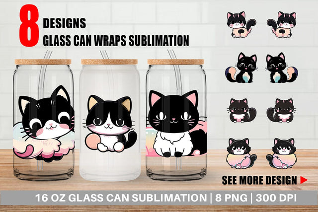 Glass Can Wrap Cute Black Cat Sublimation artnoy 