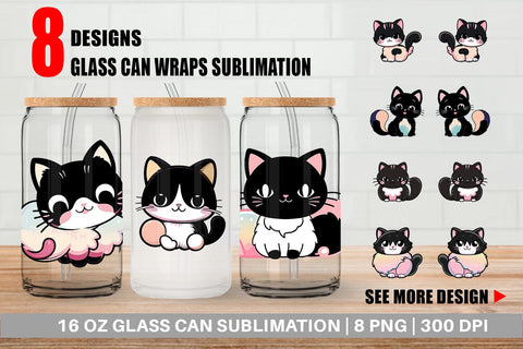 Glass Can Wrap Cute Black Cat Sublimation artnoy 