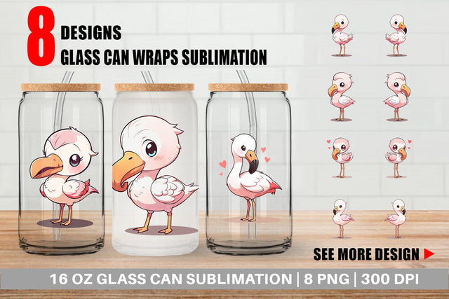 Glass Can Wrap Cute Cartoon Flamingo Sublimation artnoy 