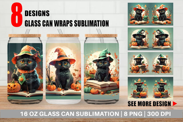 Glass Can Wrap Cute Halloween Black Cat Sublimation artnoy 