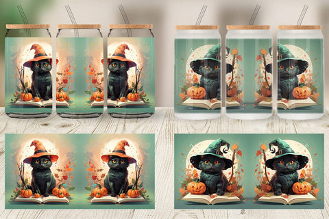 Glass Can Wrap Cute Halloween Black Cat Sublimation artnoy 