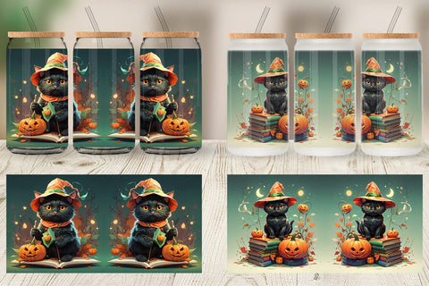 Glass Can Wrap Cute Halloween Black Cat Sublimation artnoy 
