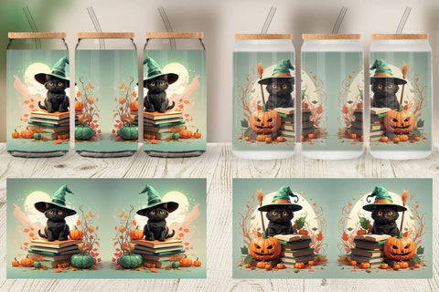Glass Can Wrap Cute Halloween Black Cat Sublimation artnoy 