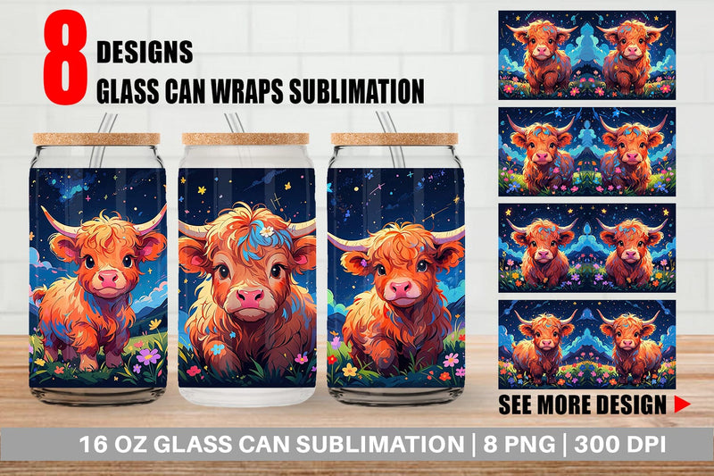 Glass Can Wrap Cute Highland Cow Sublimation artnoy 