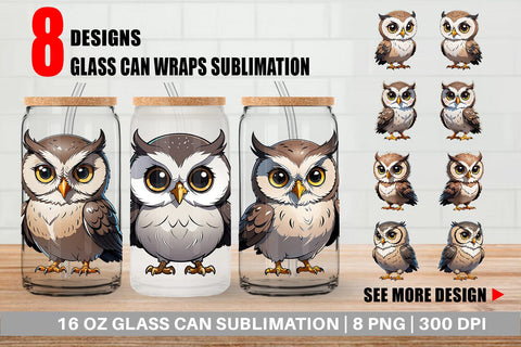 Glass Can Wrap Cute Owl Sublimation artnoy 