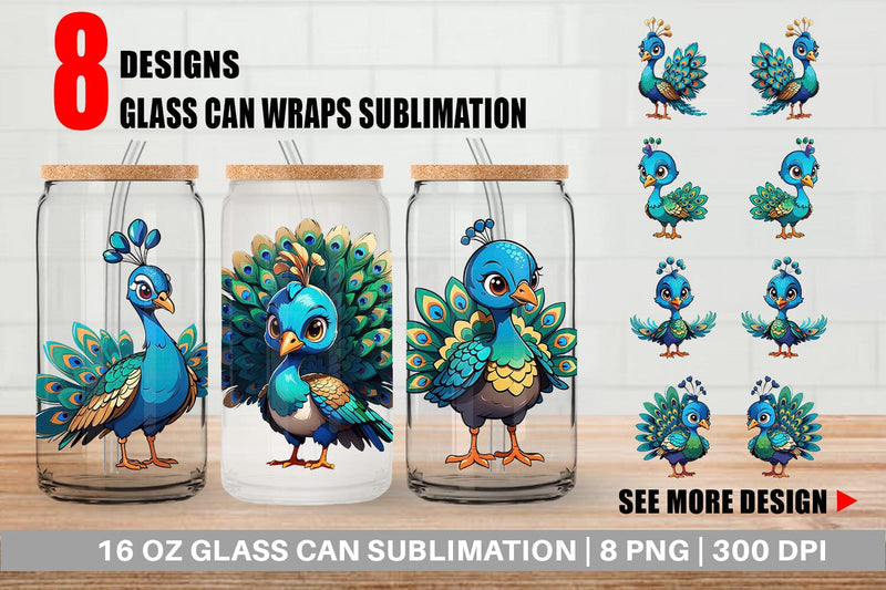 Glass Can Wrap Cute Peacock Sublimation artnoy 