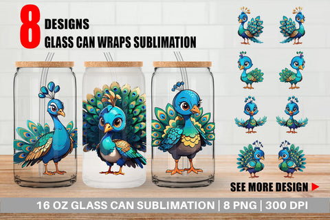 Glass Can Wrap Cute Peacock Sublimation artnoy 