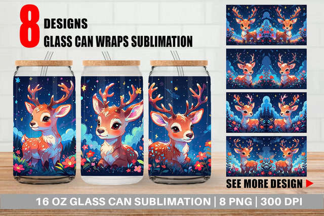 Glass Can Wrap Cute Reindeer Sublimation artnoy 